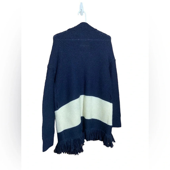 LOFT Blue White Striped W/ Fringe Accent Knit Open Cardigan Sweater Size Medium - Picture 5 of 6